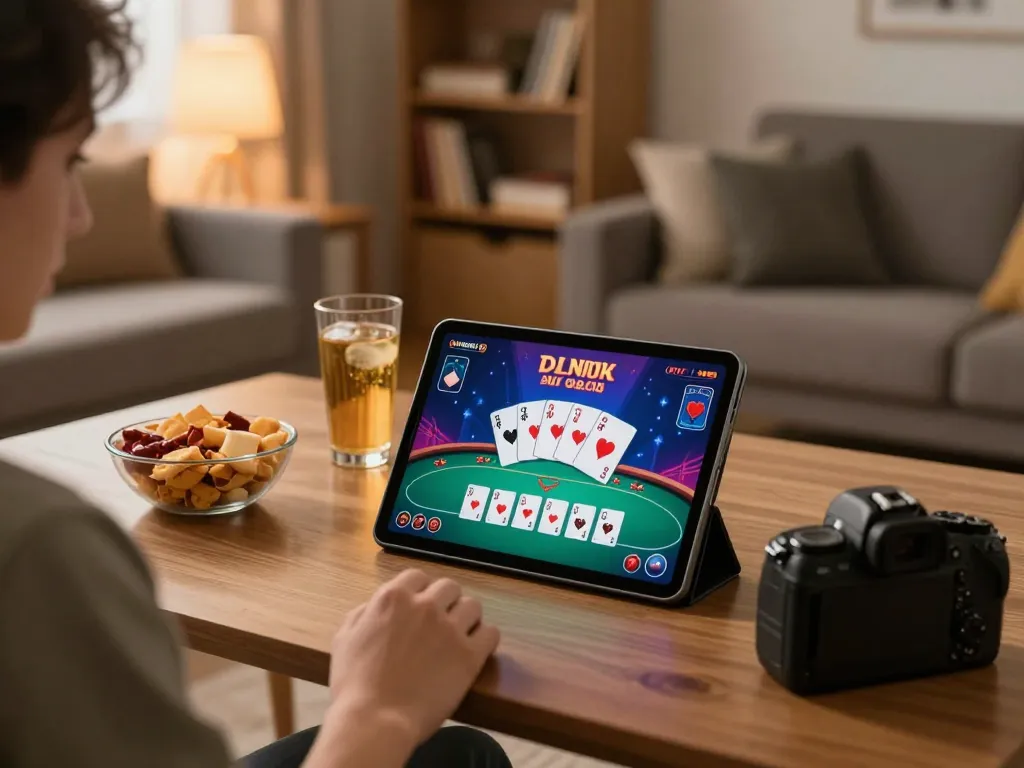 Engage in online gaming at https://tairikvip.co with vibrant poker scenes and cozy living room settings.