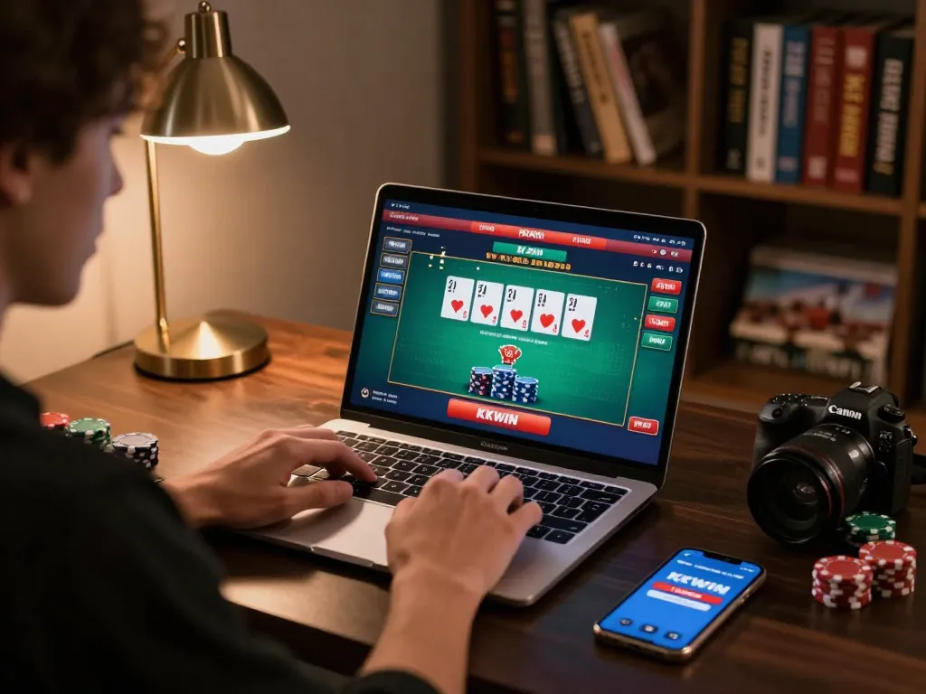 Engaging online player using KKWIN for casino gaming on a laptop with a cozy desk setup.