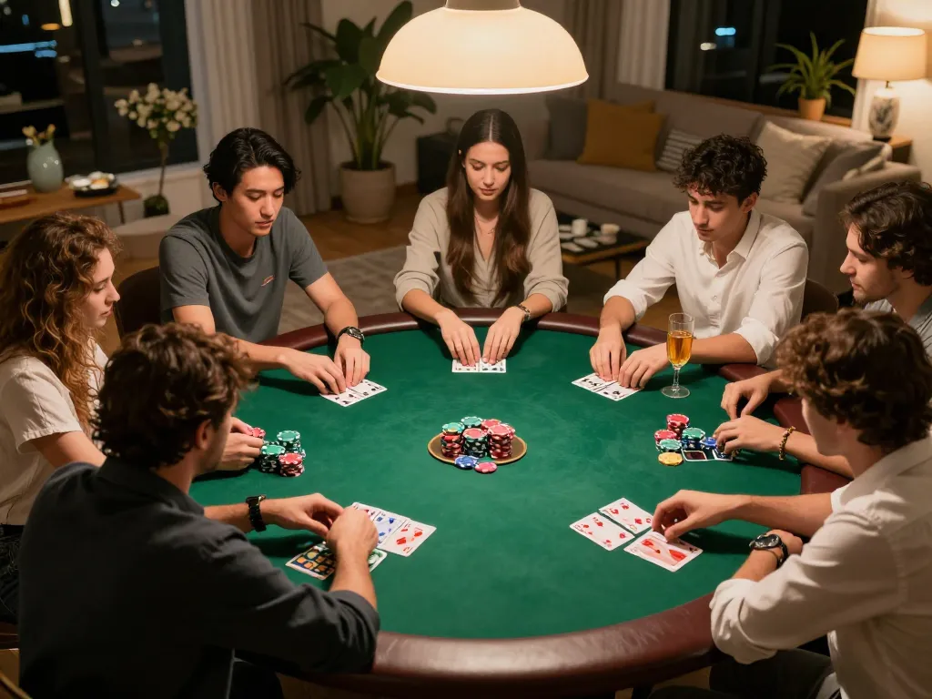 Friends engaged in a poker game with RR88 chips and cards in a cozy home setting