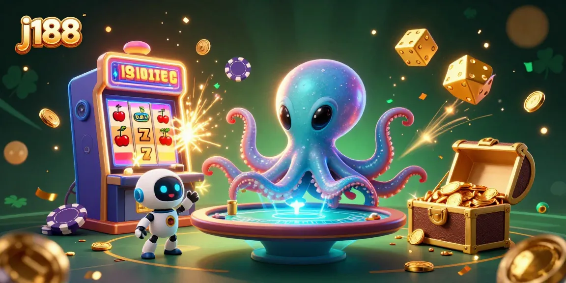 Engage with j188’s vibrant casino world, featuring an alien octopus at a holographic poker table.