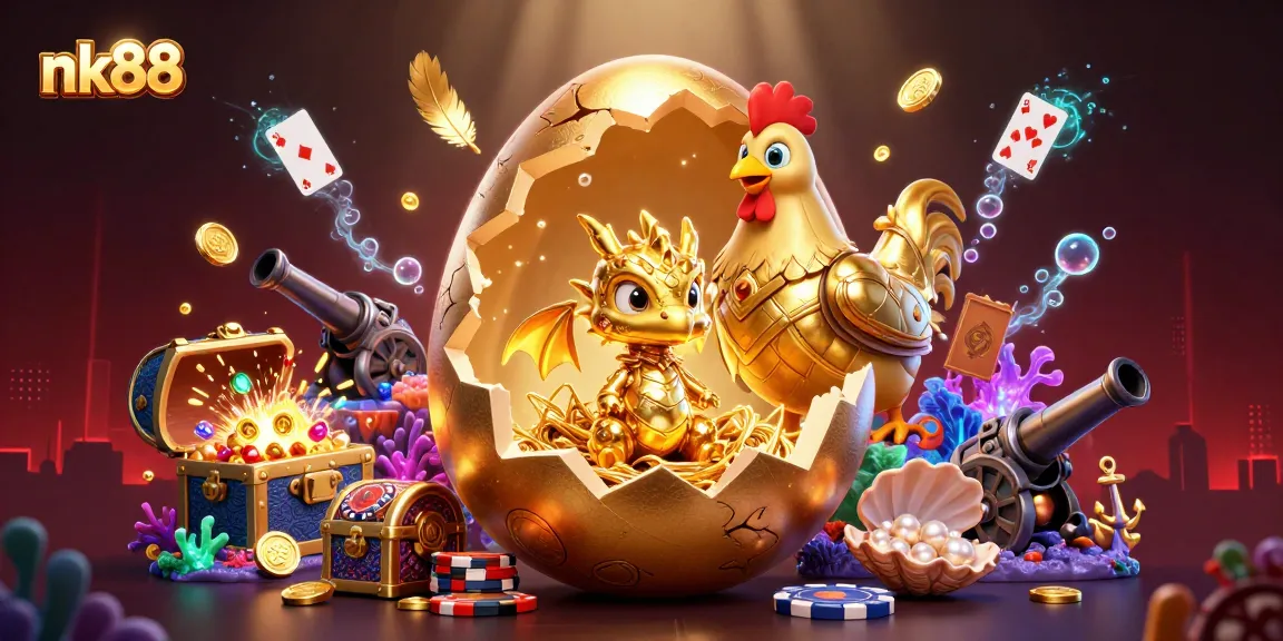 Experience the thrill of nk88 with a golden dragon amidst vibrant casino elements!