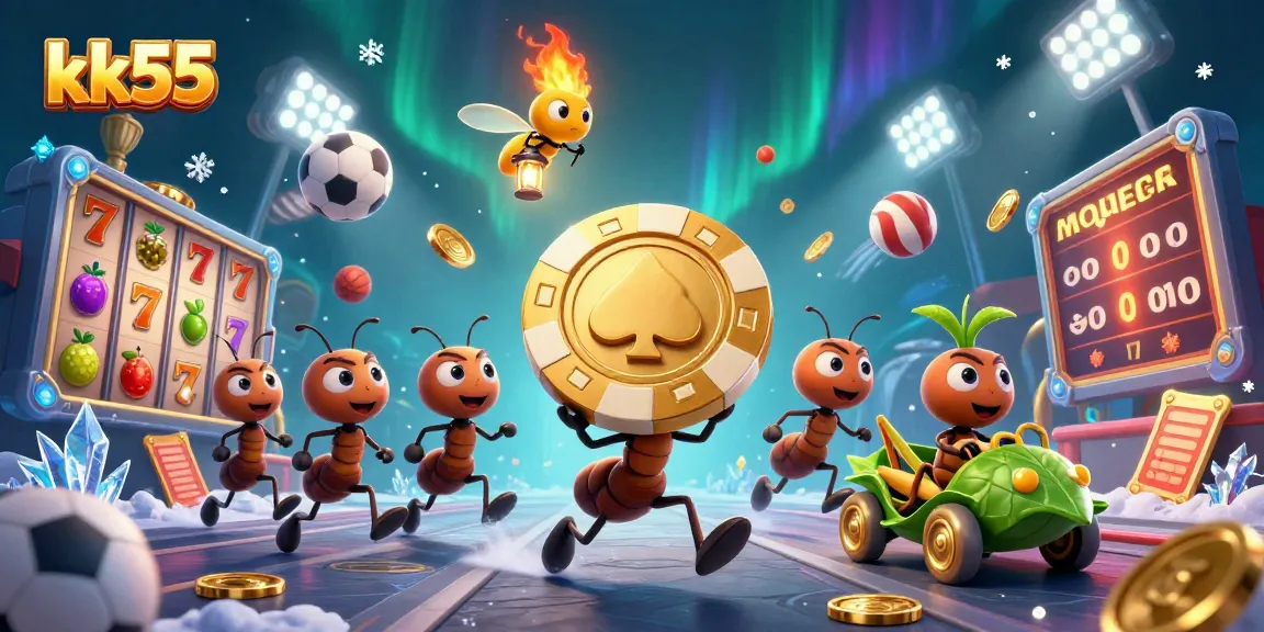 kk55 ants strategizing a heist for a golden poker chip in a vibrant casino scene