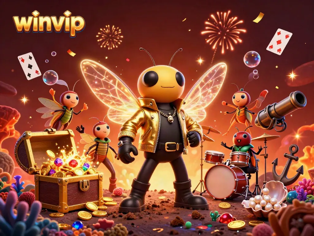 Experience the thrill of winvip with this vibrant casino scene featuring a rock star and animated characters.