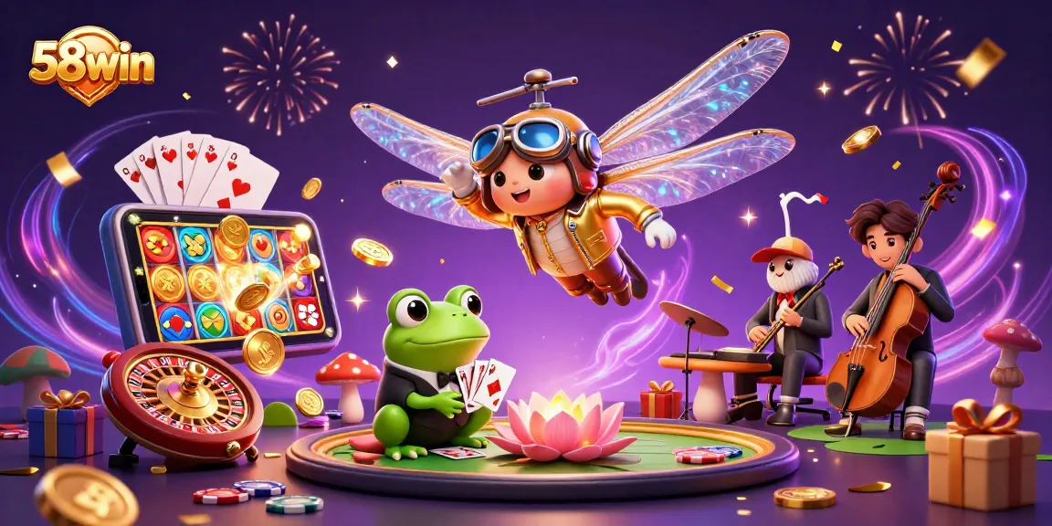 Experience the excitement of 58win as the dragonfly pilot and frog croupier bring casino magic to life!