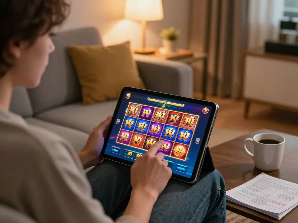 Player engaging with nổ hũ slot game on a tablet in a cozy home setting, showcasing responsible online gaming.