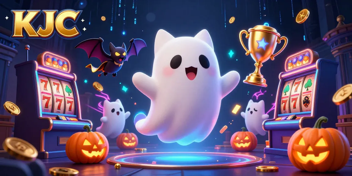 KJC ghost cat plays in a haunted casino, surrounded by glowing slot reels and gold coins.