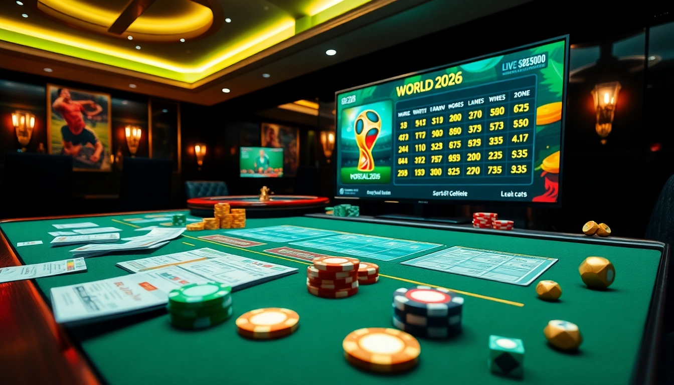 Situs Judi Bola players engaging in online sports betting with vibrant betting slips and casino elements.