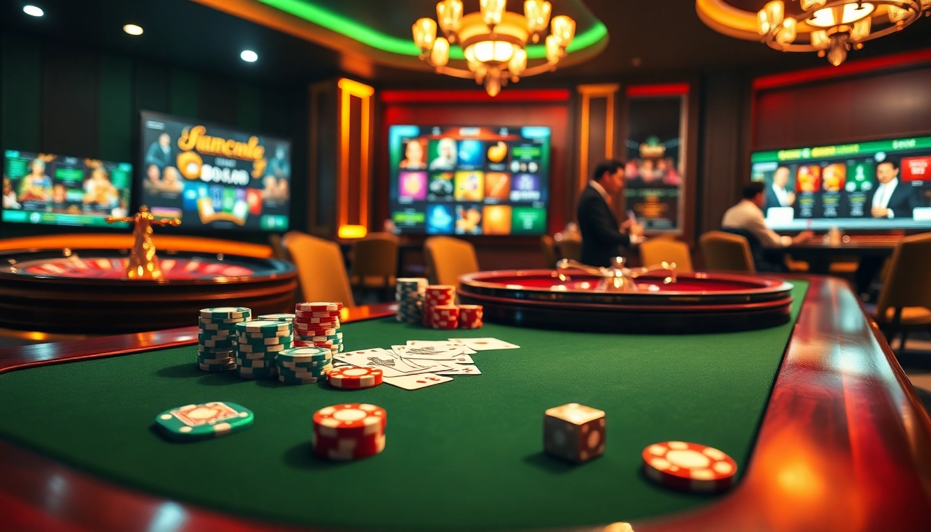 Engaging gameplay at a BDJL casino table filled with colorful chips and cards.