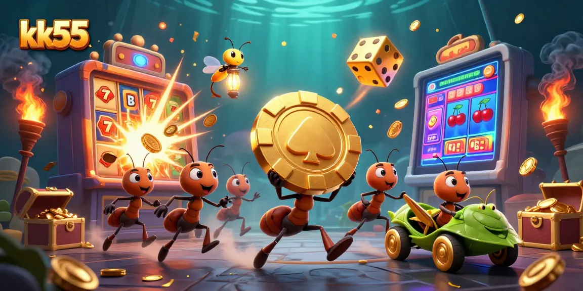 Engage with kk55's thrilling heist scene of ants and casino elements, showcasing excitement and fun.