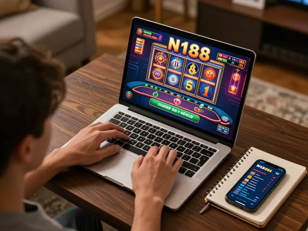 N188 players engaging in online gaming with vibrant slot designs and strategic planning.