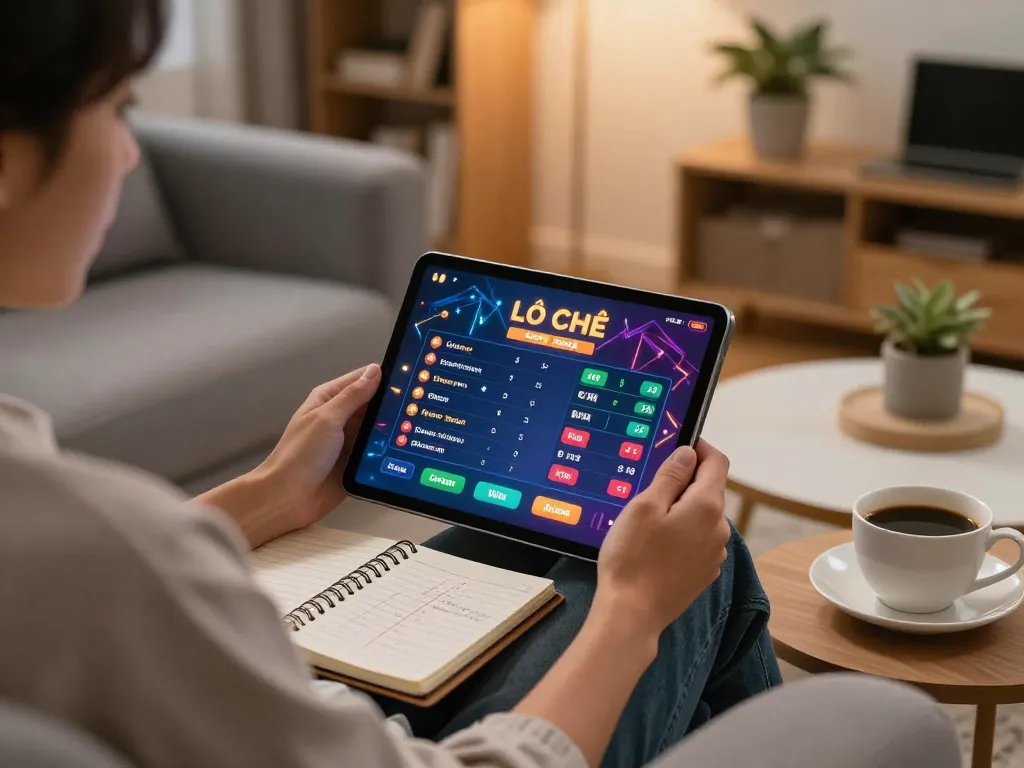 Lô đề online gaming scene with a player analyzing strategies at home on a tablet.