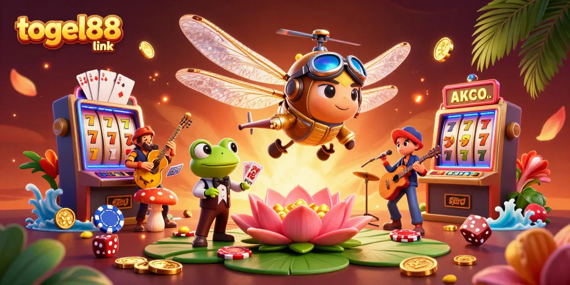 Experience the thrill of togel88 link with vibrant casino action featuring a dragonfly pilot and frog croupier.
