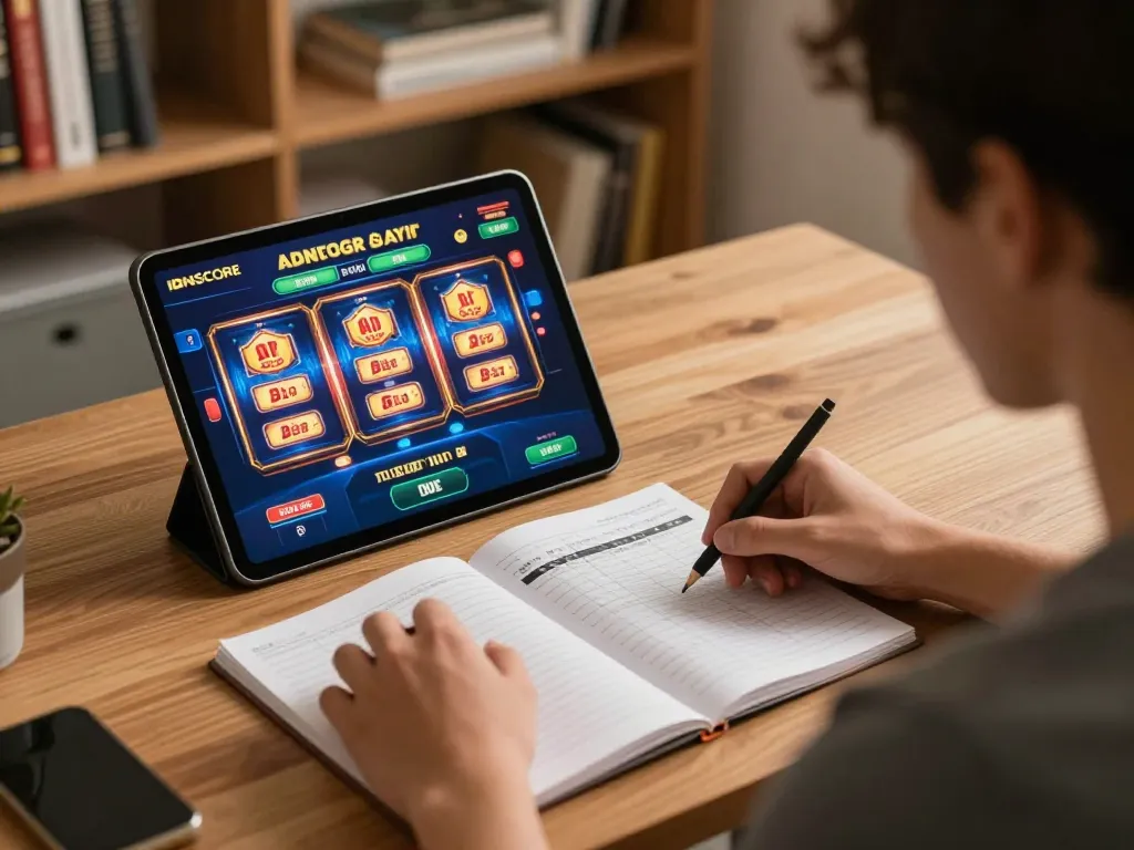 IDNSCORE ALTERNATIF player focusing on online slots with strategic notes and comfortable ambiance.