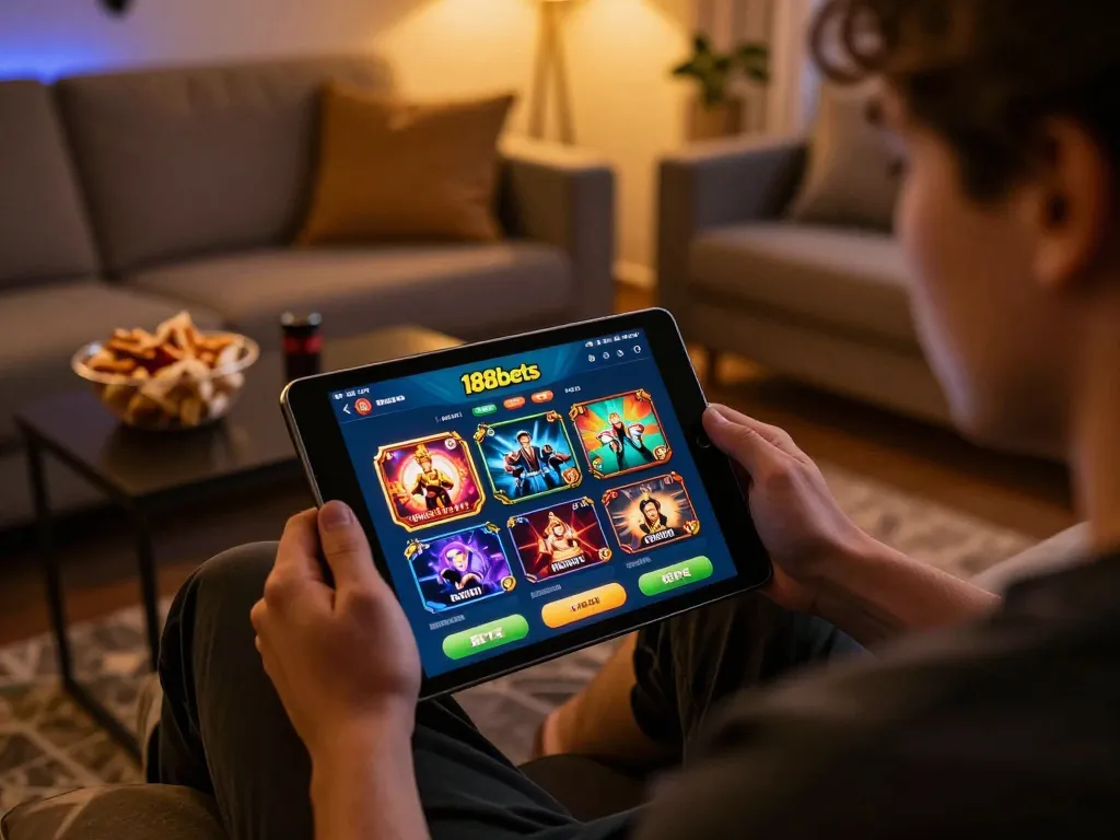 Engaging in 188bets online gaming with tablet displaying exciting casino options in a cozy home setup.