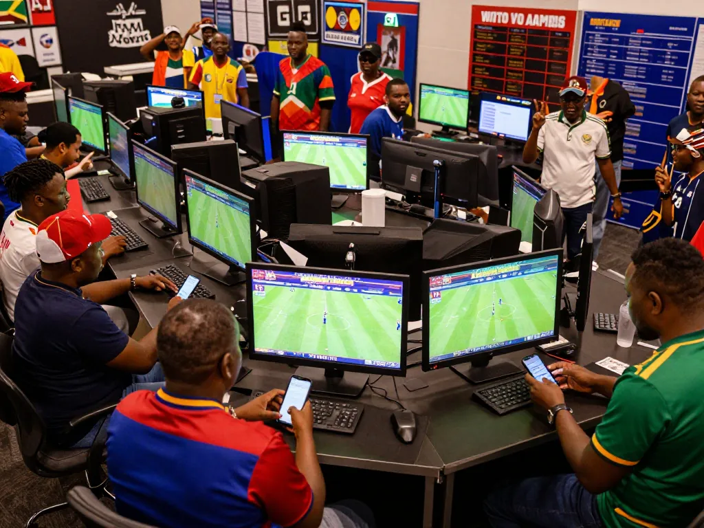 Excited fans engaged in sports betting South Africa using smartphones and watching live matches on screens.