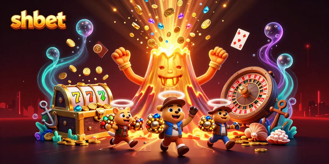 Experience the excitement of shbet with this dynamic 3D illustration showcasing a golden volcano erupting treasures, revealing thrilling casino elements.