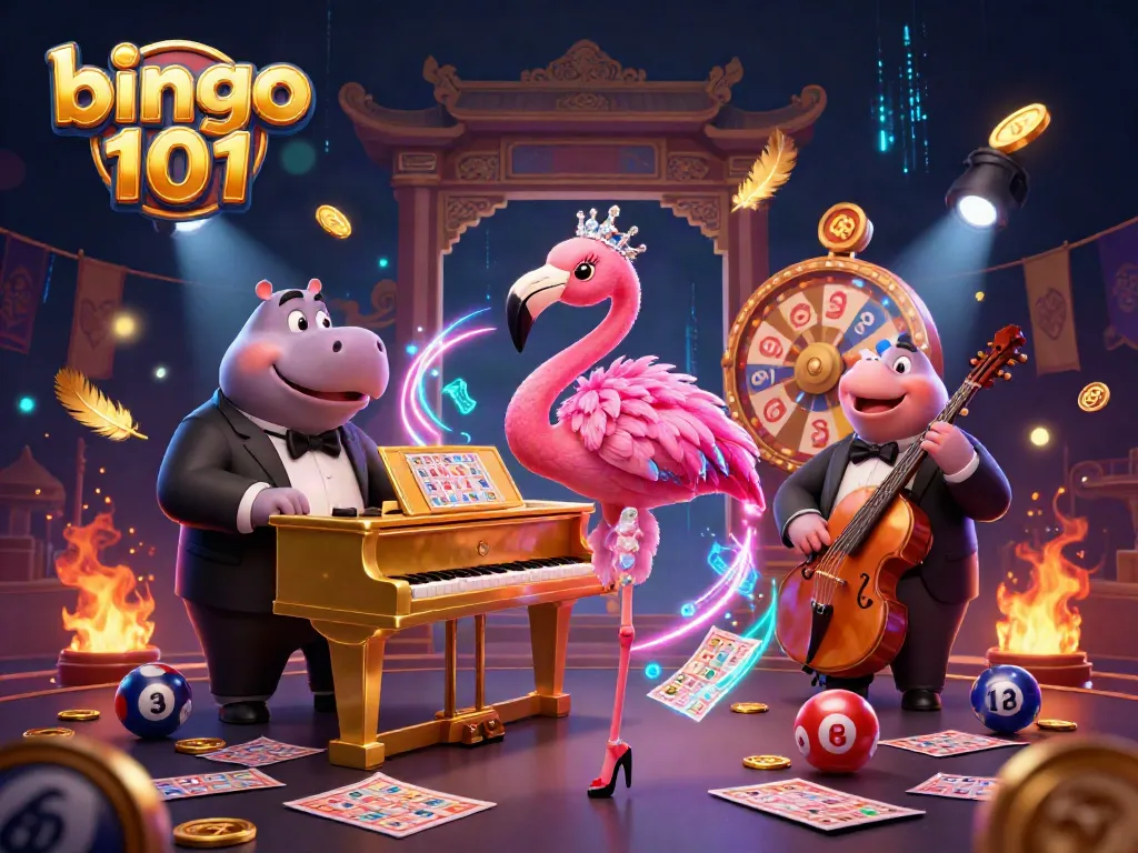 Bingo 101 scene showcasing flamingo singer and hippo bassist surrounded by bingo elements, lively atmosphere.