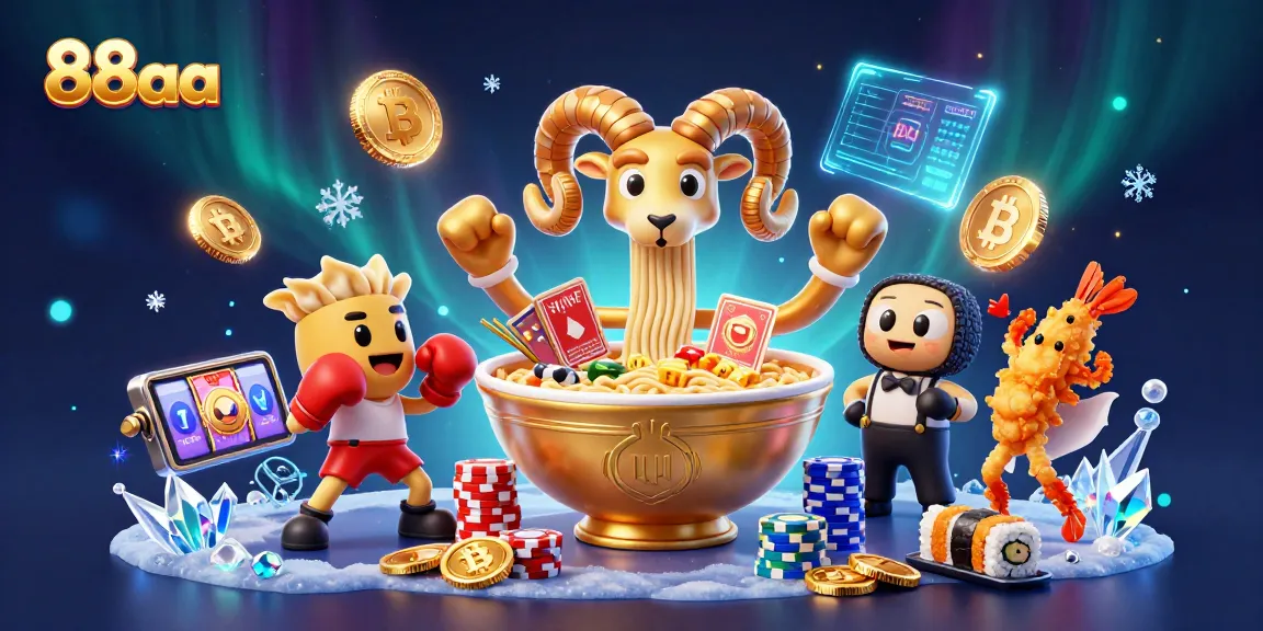88aa slots illustration featuring playful sushi characters dealing cards and stacking chips