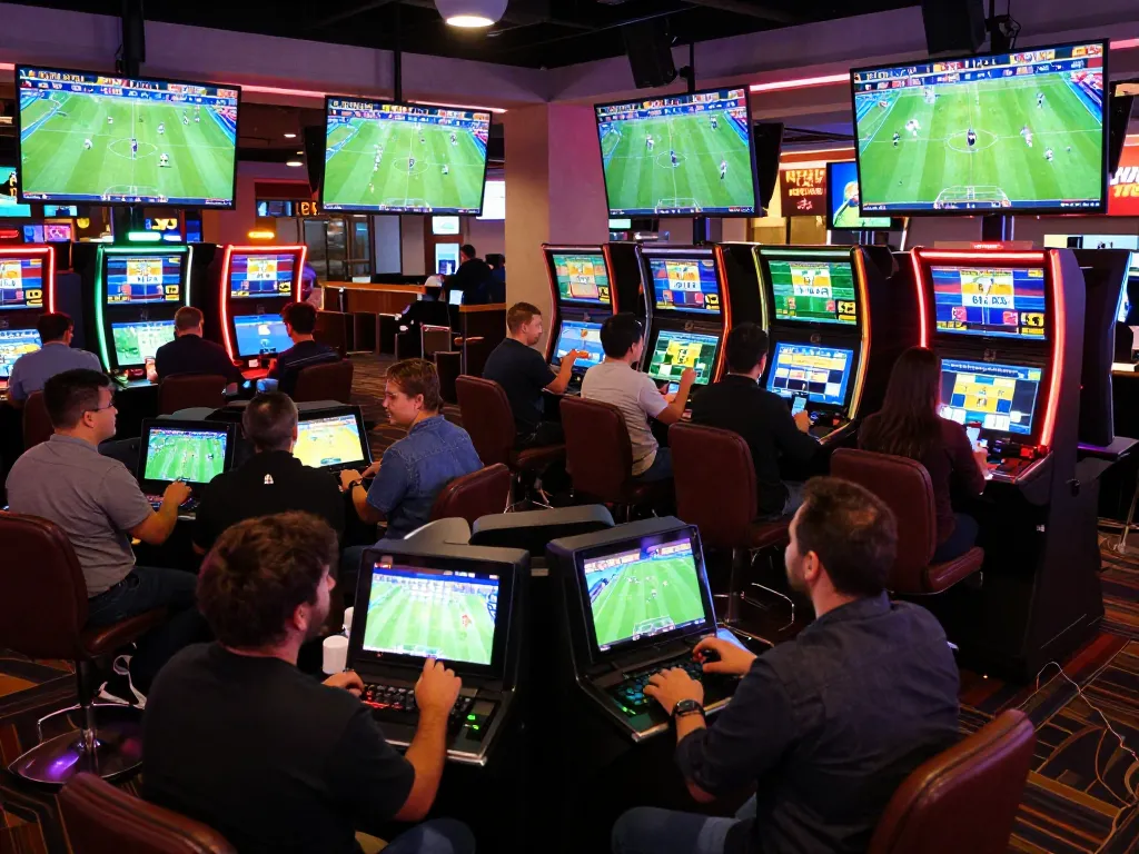 Kết quả bóng đá displayed on multiple screens in an exciting casino sports betting area, patrons engaged in analysis.