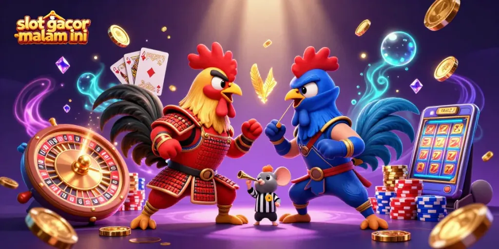Menangkan slot gacor malam ini dengan ilustrasi dua jantan ayam bertarung yang dramatis di dunia kasino 3D.