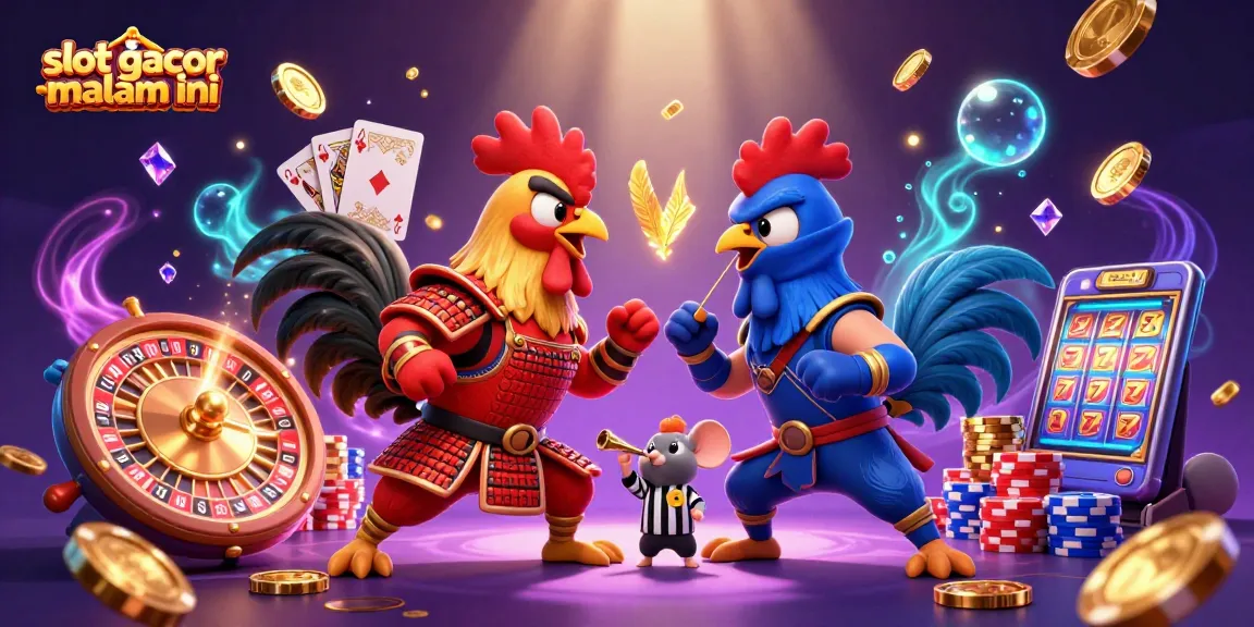 Menangkan slot gacor malam ini dengan ilustrasi dua jantan ayam bertarung yang dramatis di dunia kasino 3D.