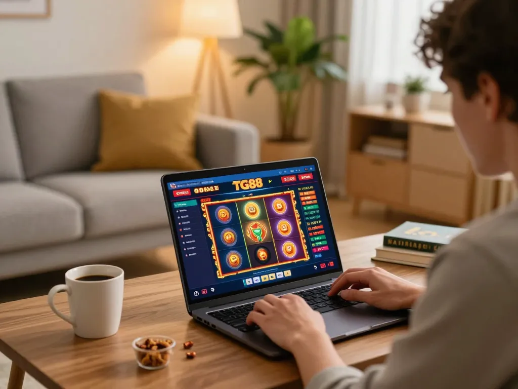 Player engaging in online games at TG88 casino interface in a cozy home setting.