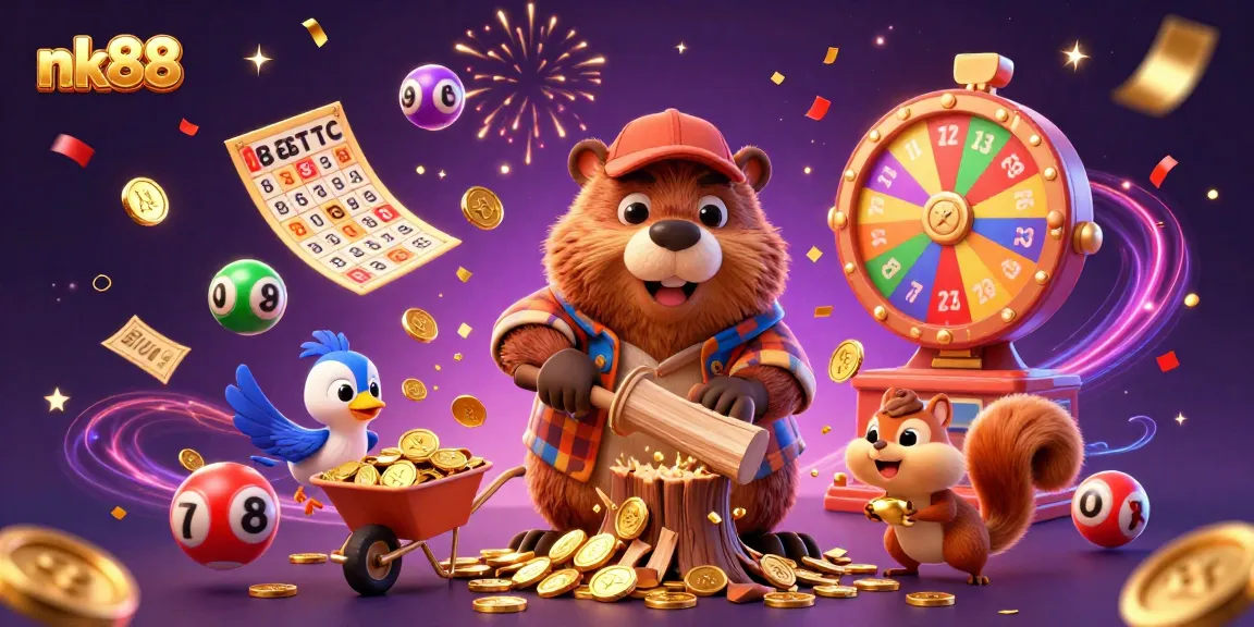 Win big with nk88 as a beaver collects gold coins in a vibrant lottery scene.
