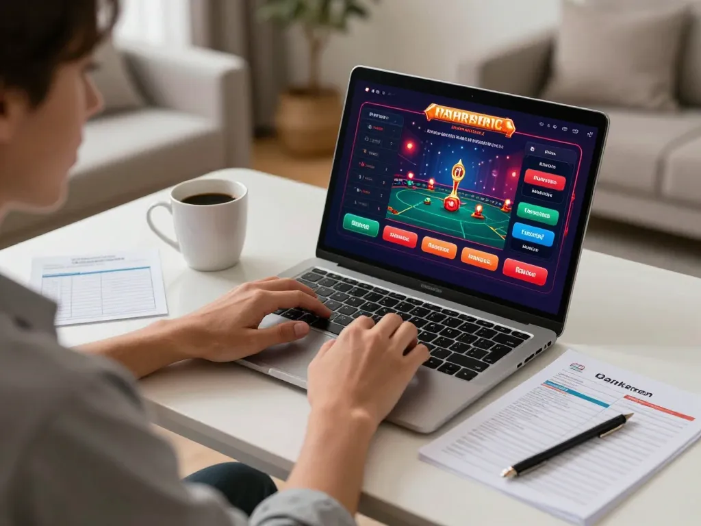 kuwin player analyzing strategy while engaging in online casino game with laptop at home