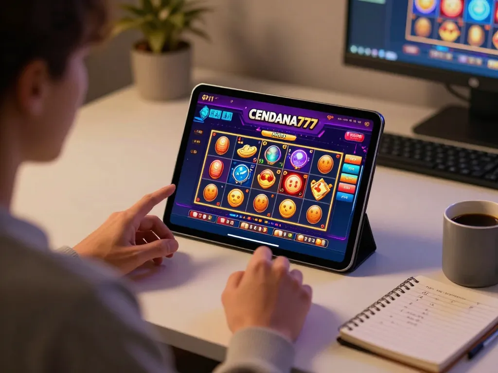 CENDANA777 player engaging with an online slot game on a tablet in a cozy environment.