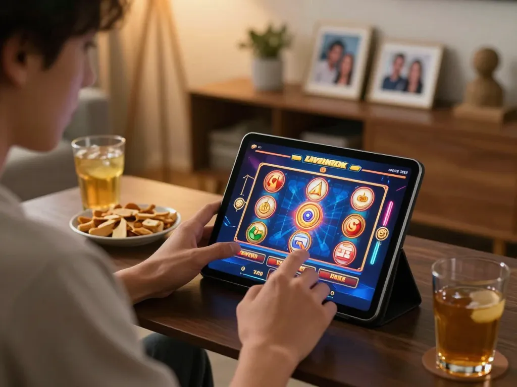 LIGALGO player immersed in colorful slot game on a tablet in cozy home setting