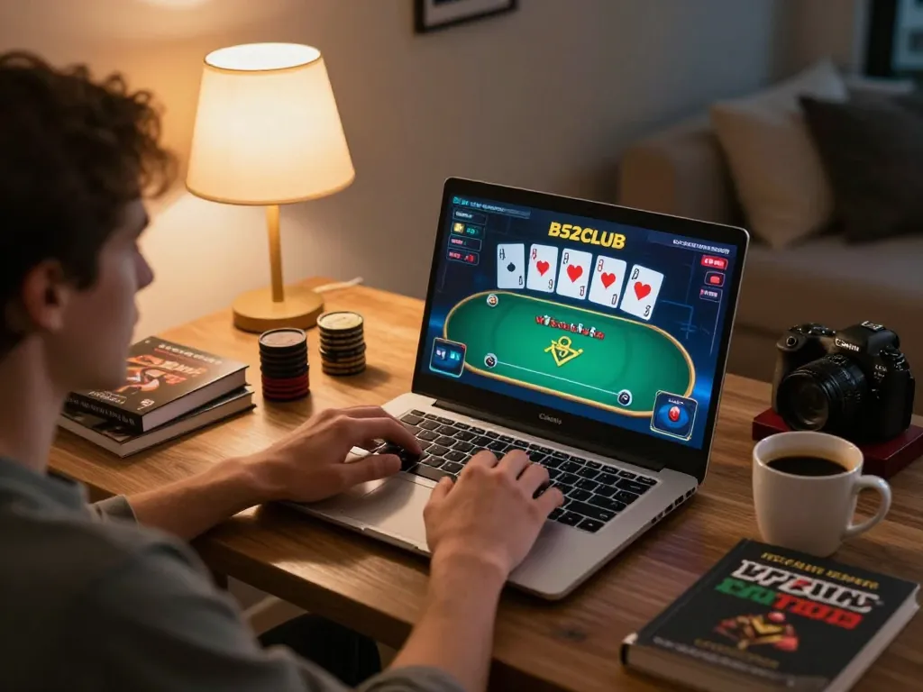 Engage in exciting online poker gameplay at B52CLUB from a cozy home setup with personalized touches.