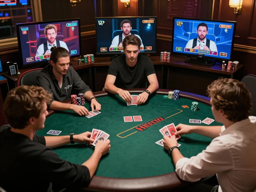 Hitclub players strategizing in an exciting online poker game environment.