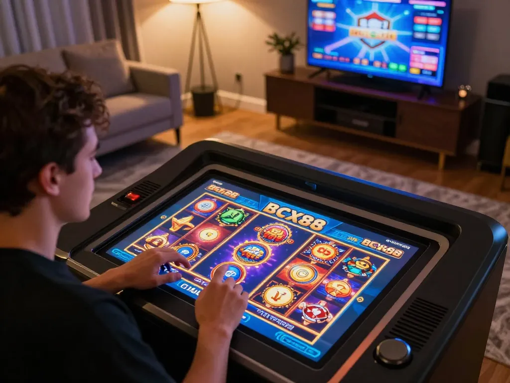 Player enjoying BCX88 slot games on tablets in a stylish home setup