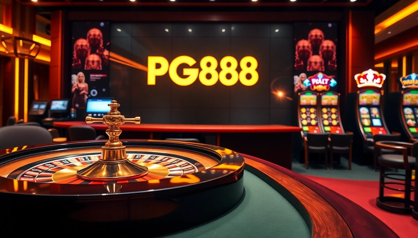 Experience the thrill of gaming at PG88's luxurious casino setup with vibrant poker and roulette.