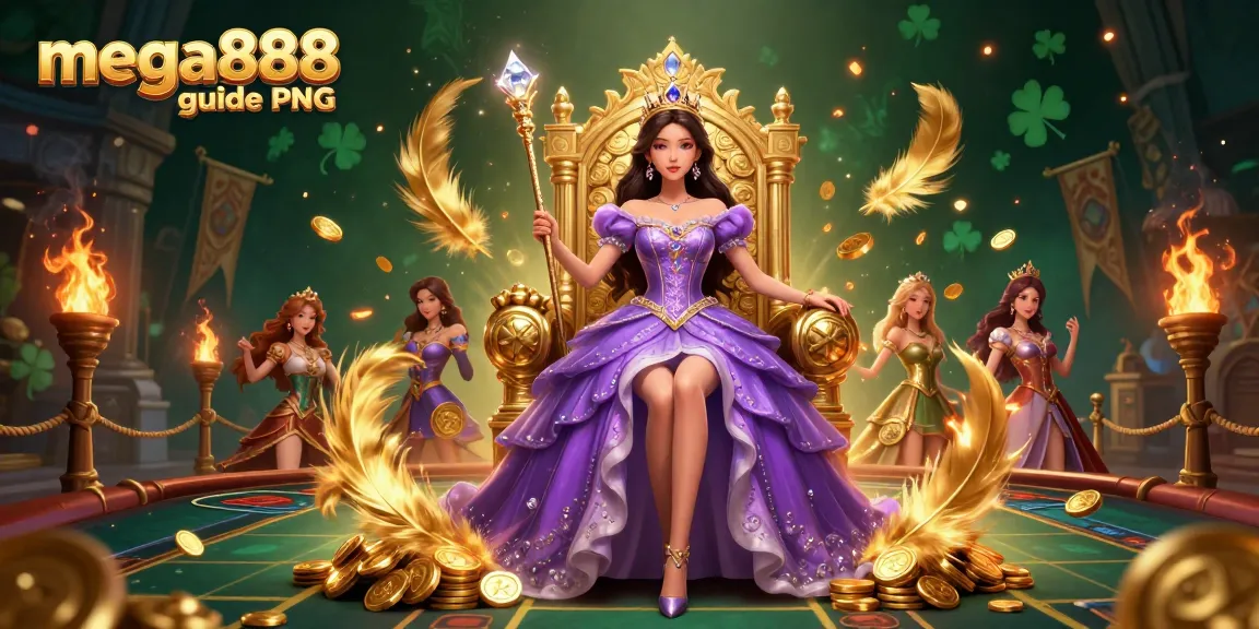 Engage with mega888 guide PNG in this vivid, thrilling casino scene filled with gaming symbols.