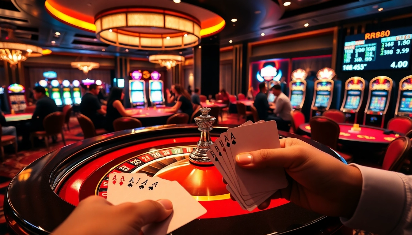 Experience thrilling gameplay at RR88 casino with vibrant games, poker chips, and roulette excitement.