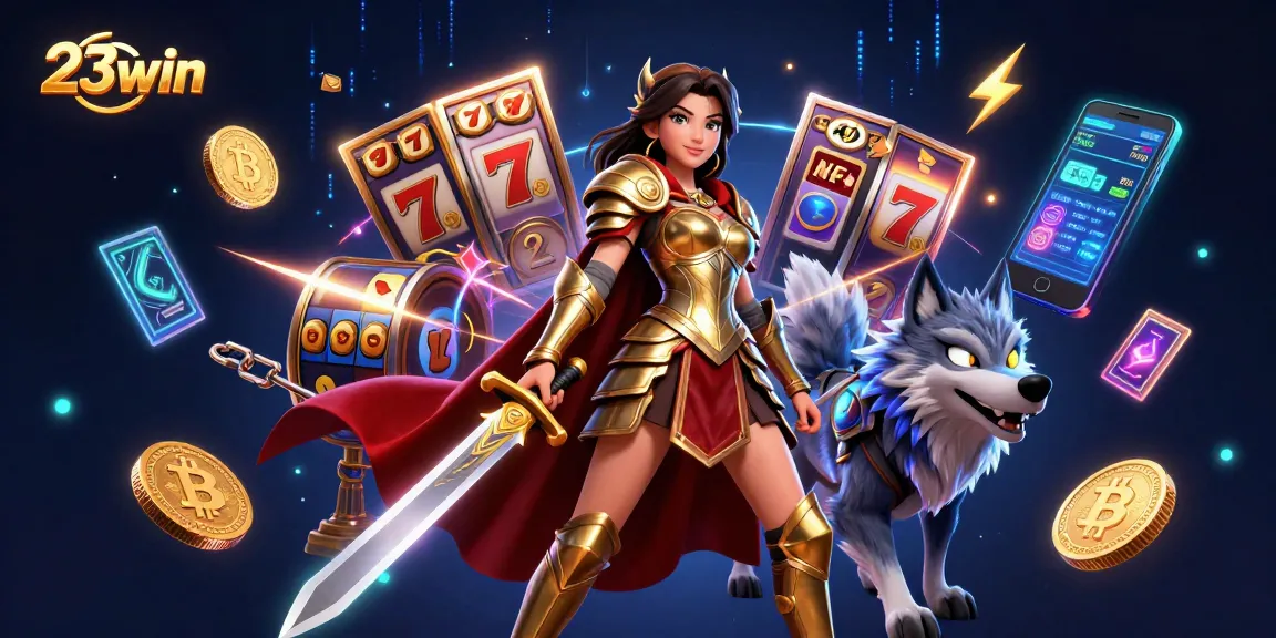 Engage with 23win's thrilling casino experience featuring vibrant slot symbols and crypto coins