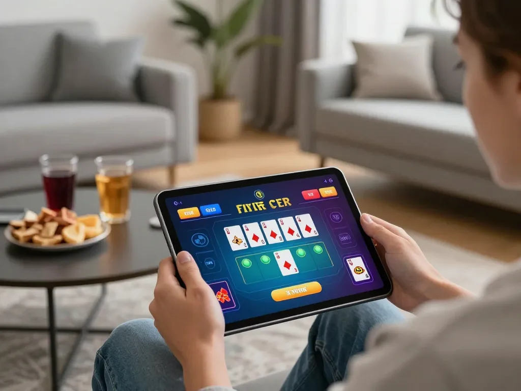 Engaging in live casino gameplay on tablet at home, discovering rikvip's exciting games.