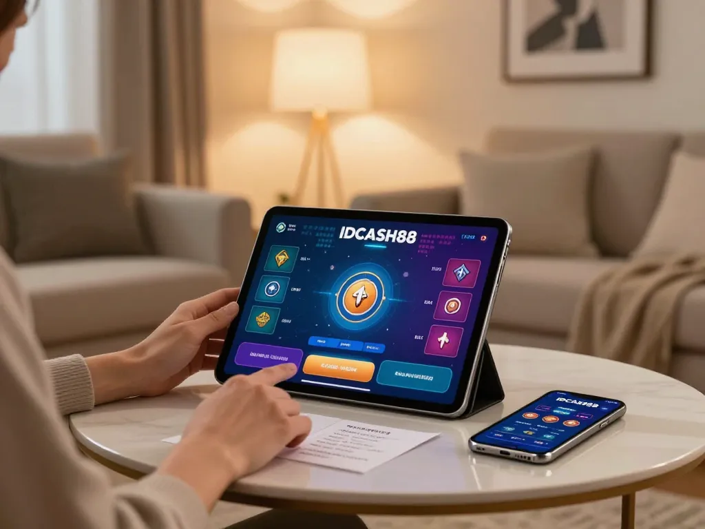 IDCASH88 online gaming experience showcasing an individual using a tablet in a cozy environment, emphasizing responsible gameplay.