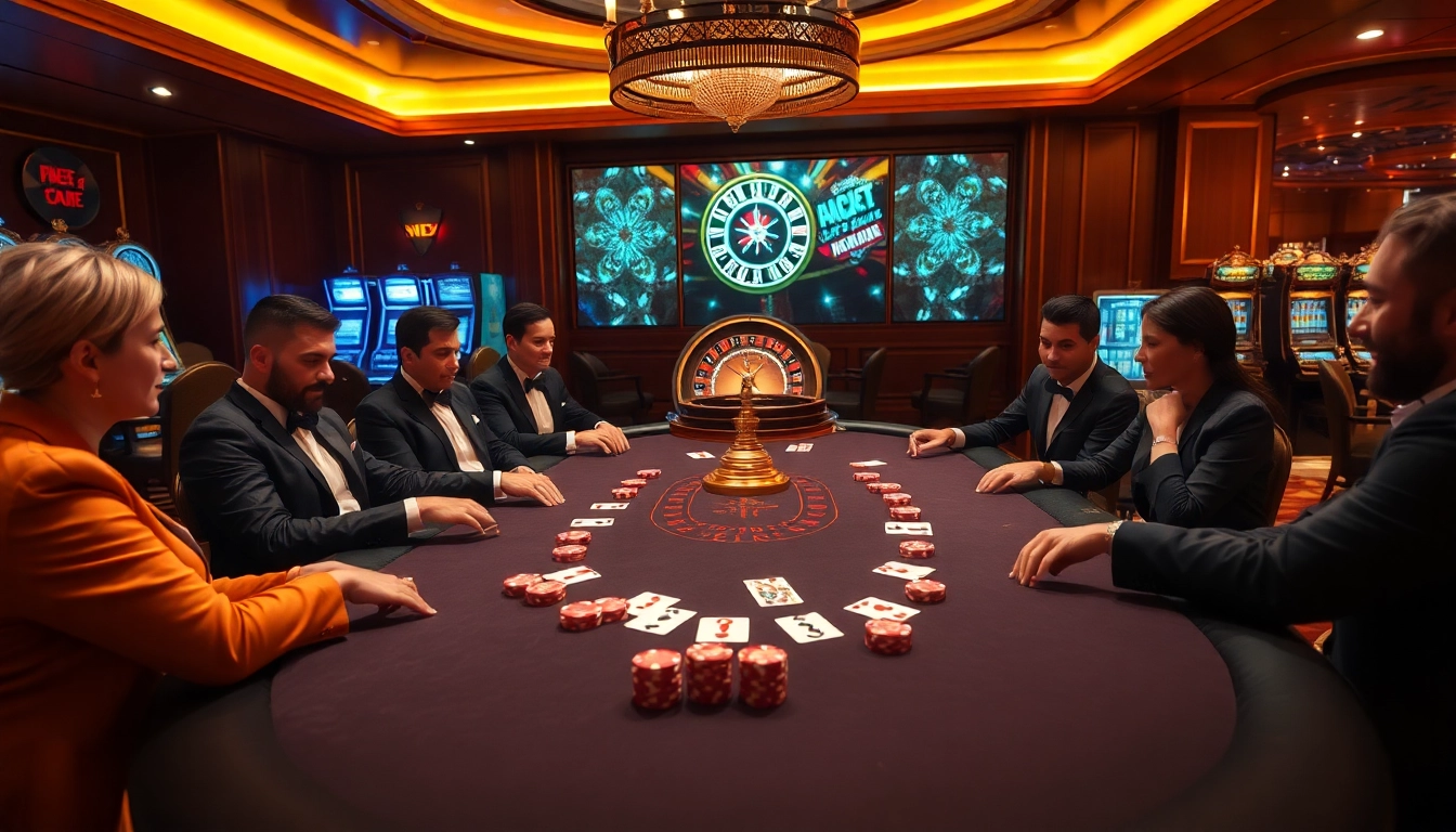 KQBD showcase of a luxurious casino with high-stakes poker players and vibrant gaming elements.