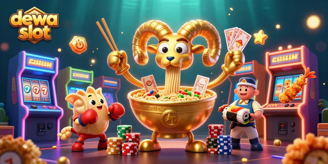 Ilustrasi Dewa Slot dengan karakter kartun 3D dan elemen permainan slot yang menyenangkan.