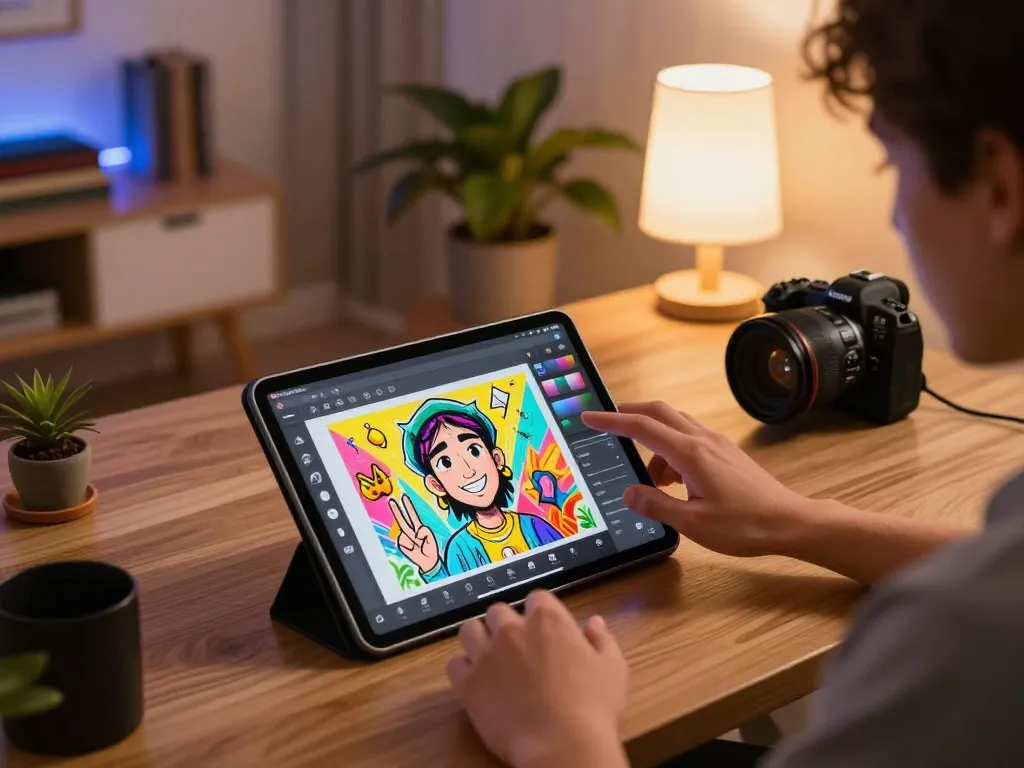 Create a Caricature of yourself in a cozy online gaming setup with engaging app interface