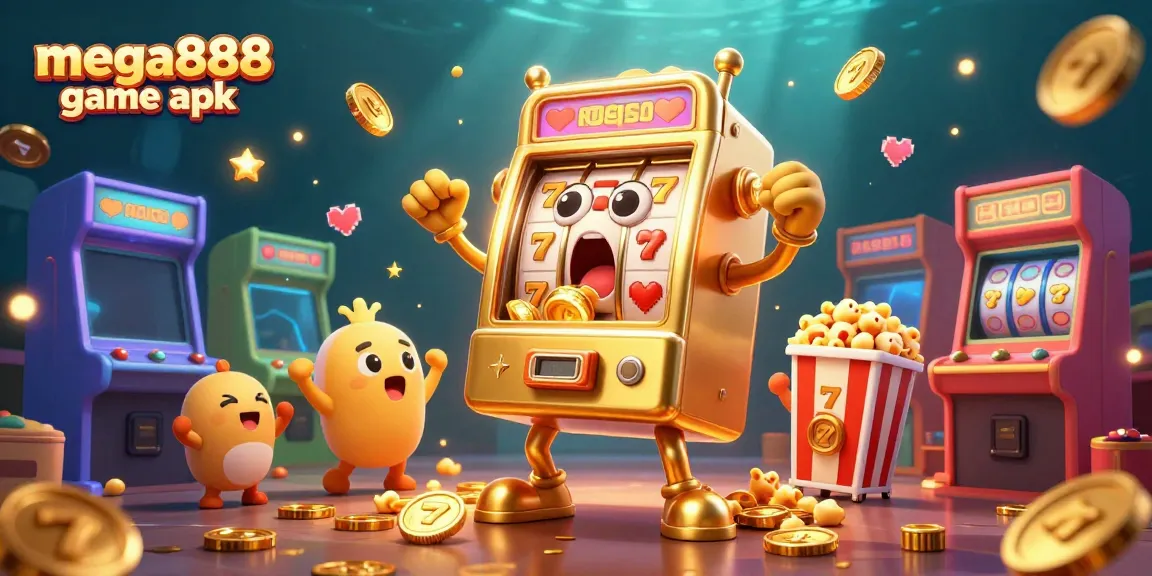 Experience excitement with mega888 game apk as a golden slot machine hits the jackpot, surrounded by colorful gaming elements.