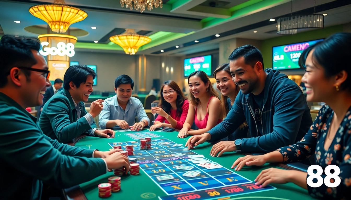 Go88 players enjoying a thrilling online gaming experience at a vibrant casino-themed setup.
