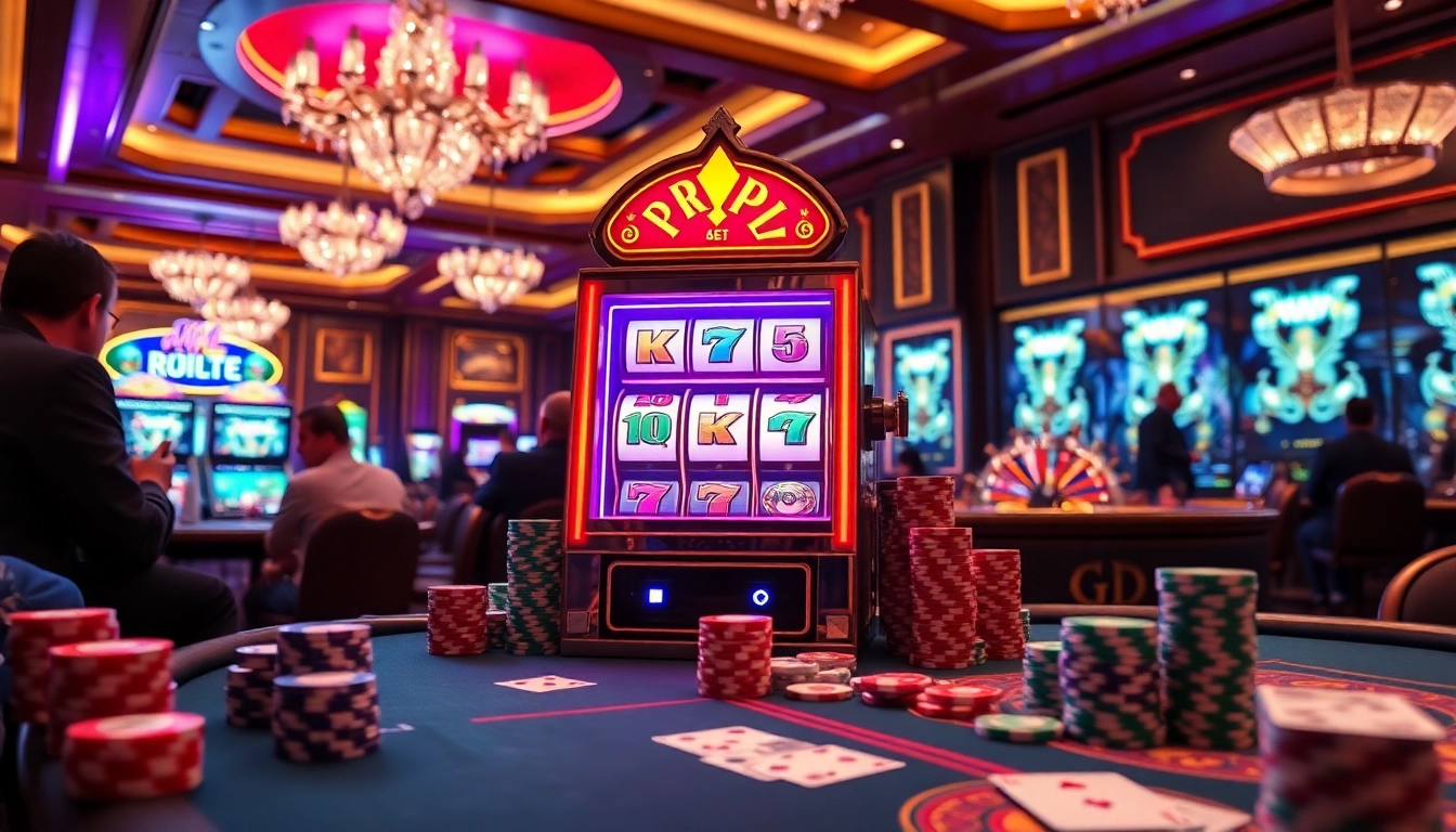 Engaged players at a luxurious casino enjoy RTP Slot gaming amidst vibrant poker chips and lighting.
