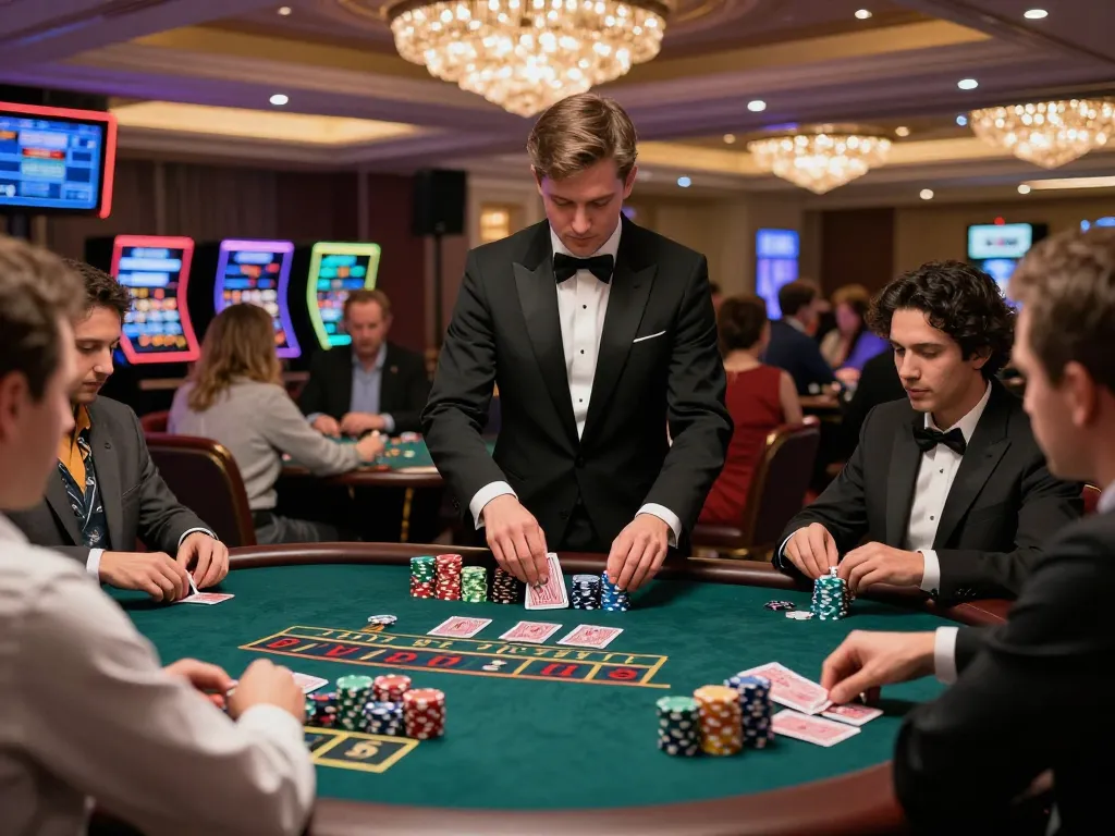 Players enjoying bdtk66 online blackjack in a luxurious setting with a professional dealer and vibrant atmosphere.
