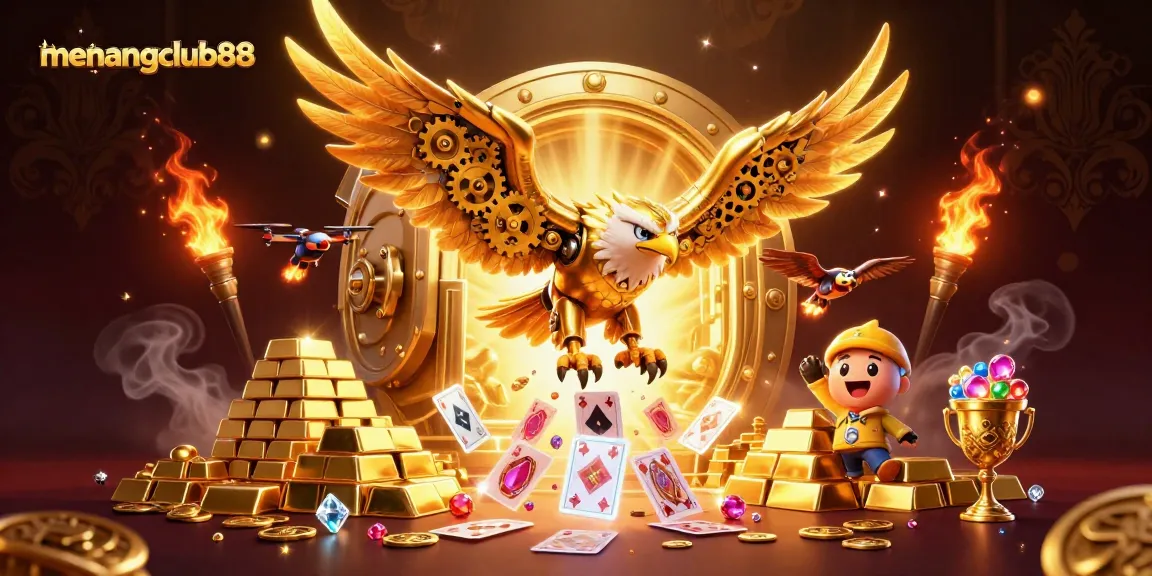 Experience the thrill of menangclub88 with a cybernetic eagle soaring amidst shimmering casino treasures.