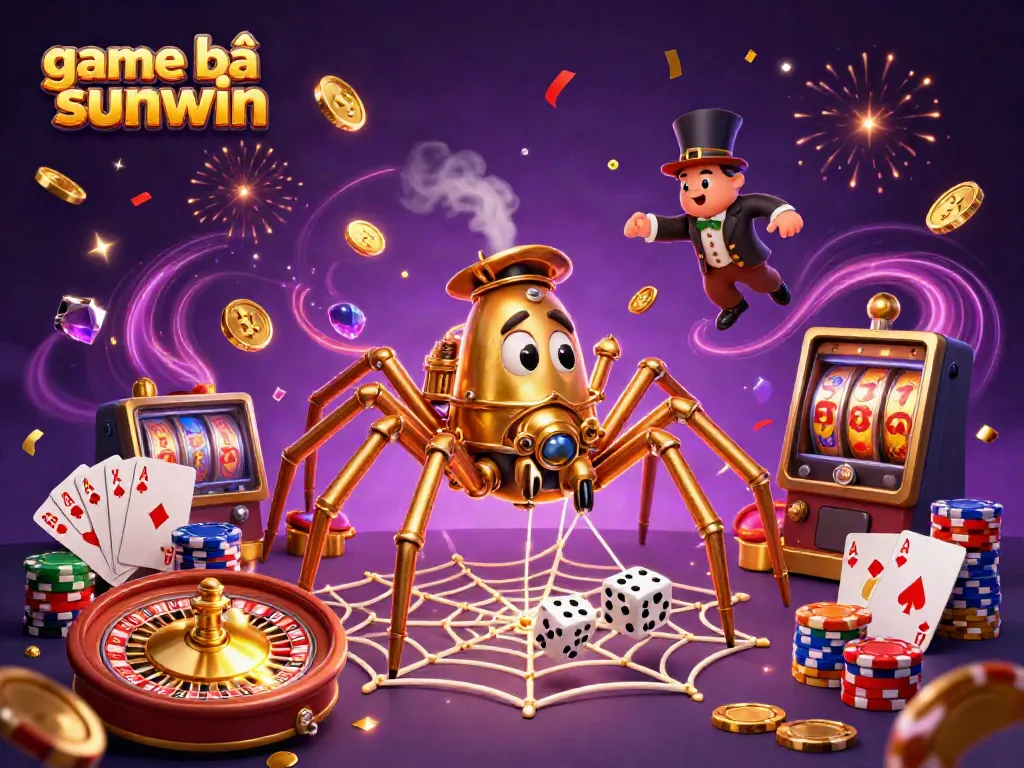Immerse in game bài sunwin's vibrant world, featuring golden coins, roulette wheels, and poker cards in a rich 3D illustration.
