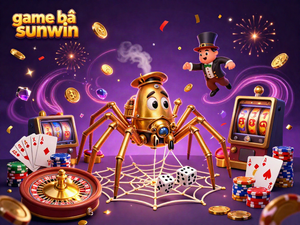 Immerse in game bài sunwin's vibrant world, featuring golden coins, roulette wheels, and poker cards in a rich 3D illustration.