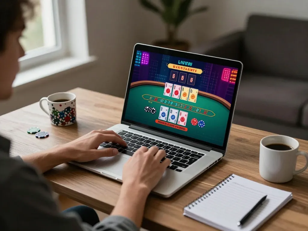 Engaged player at AU88 enjoying live dealer baccarat on laptop in a cozy home setting